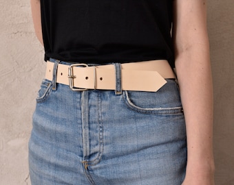 Wide Natural Leather Belt: Handmade Unisex Cowhide Belt