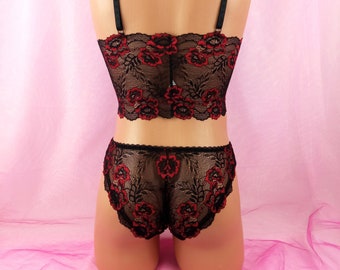Fashion (Red Black Bra)Men Lace Sissy Lingerie Sets Underwear