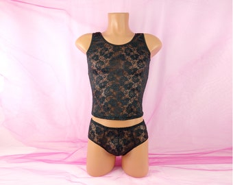 Sissy Lingerie Set, Tank Top For Men, Sissy Underwear, Mens Lace Underwear, Femboy Panty, Male Lingerie, See Trough Bikini, Boxer Shorts