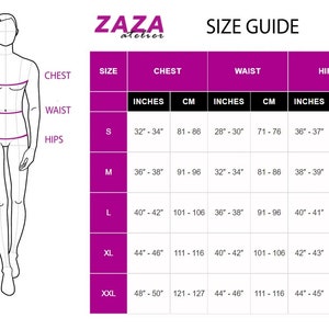 May include: Size chart for clothing with measurements in inches and centimeters. The chart shows chest, waist, and hip measurements for sizes S, M, L, XL, and XXL.