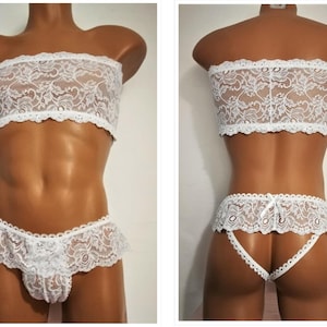 Bielizna Sissy, Bielizna męska, Biała bielizna, Bielizna gejowska, Bielizna queer, Majtki typu jockstrap, Majtki męskie, Biustonosz Sissy, Bielizna koronkowa