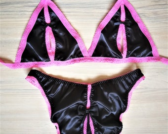 Lencería negra para travestis, lencería de satén, conjunto de lencería masculina, ropa interior para travestis, lencería de bikini para hombre, travestismo masculino, conjunto de sujetador