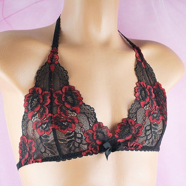 Transgender BH, Zwarte Kanten BH, Heren BH, Sissy Lingerie, LGBTQ, Crossdresser Lingerie, Queer BH, Floral Lace Lingerie, Zwarte en Rode BH