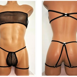 May include: Black mesh lingerie set with a halter top and a thong with adjustable straps and silver rings.