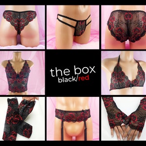 OFERTA DE DIA DOS NAMORADOS - Lingerie Sissy para Homens, Conjunto de Lingerie Femboy, Roupa Fetiche para Sissy, Conjunto de Renda Preta e Vermelha, Crossdresser, Lingerie Masculina