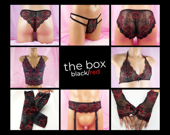 VALENTINES DAY DEAL - Sissy Lingerie For Men, Femboy Lingerie Set, Fetishwear For Sissy, Black And Red Lace Set, Crossdresser, Male Lingerie