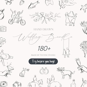 May include: A black and white illustration set of over 180 hand-drawn wedding graphics. The set includes illustrations of flowers, animals, couples, and other wedding-related imagery. The text "HAND DRAWN Wedding Bundle 180+ MADE BY TZUTZIC STUDIO Try before you buy!" is included in the image.
