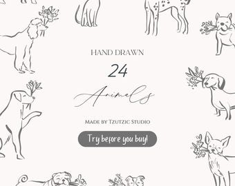 Dieren SVG-bundel - handgetekende lijntekeningen | kat-hond-svg | honden clipart svg bundel | schattige honden svg-bundel | honden kat svg | katten honden svg