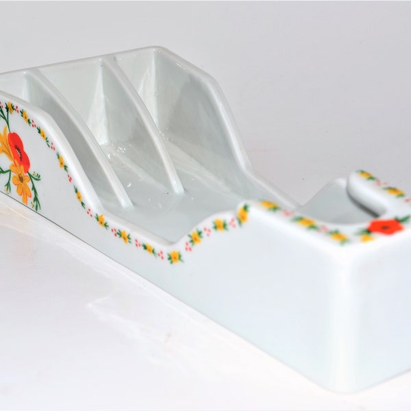 Mid Century Modern Buffet Silverware Holder Caddy White with Red and Orange Wildflowers, Poppies, MCM