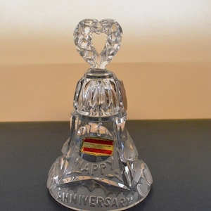Vintage Echt Bleikristall 24% PbO Lead Crystal Bell Handcut &quot;Happy Anniversary&quot; Frosted Hearts  7 1/2&quot;