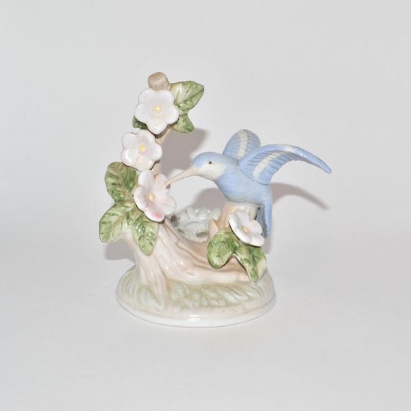 Vintage Glazed Ceramic Hummingbird on Floral Branch Tealight Candle Holder