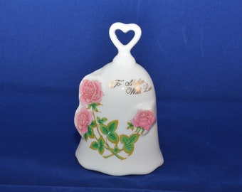 Lego Japan Porcelain Vintage "To Mother With Love" Floral Rose Gold Heart Handle Bell 4 3/4"