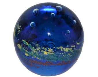 Vintage Cobalt Blue Sphere with Multi-Colors Hand Blown Art Glass Paperweight 3&quot;