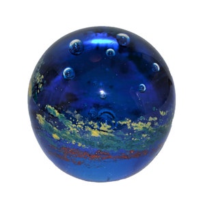 Vintage Cobalt Blue Sphere with Multi-Colors Hand Blown Art Glass Paperweight 3&quot;