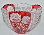 Vintage Anna Hutte Bleikristall 24 Lead Crystal Scalloped Ruby Roses Flash Bowl