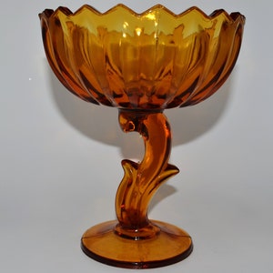 Vintage Indiana Glass Company Art Deco Amber Lotus Blossom Flower Shaped Compote Pedestal Bowl Candy Dish