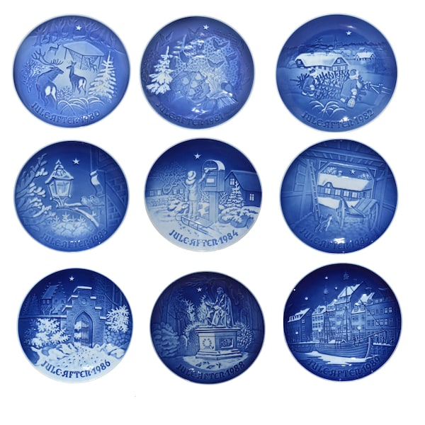 B&G Copenhagen Denmark Porcelain Collector Annual Christmas Plates 1980 thru 1989