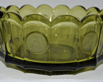 Vintage Fostoria Green Coin Pattern Glass Serving Bowl with Scalloped Rim ~ #1372
