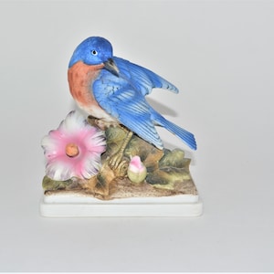 Vintage Lefton Porcelain Blue Bird Pink Pink Hibuscus Flower and Bud KW864