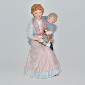Vintage Homco 1980s Porcelain Collectible Figurine Victorian Mother and Child with Teddy Bear #1460
