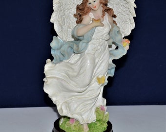 Vintage Premier Collection Angel Resin Figurine on a Stained Wood Base with Butterflies & Flowers