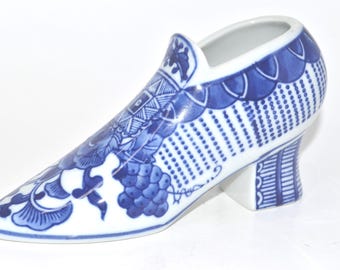 Vintage Cobalt Blue and White Hand Painted Porcelain Victorian Shoe Figurine Planter