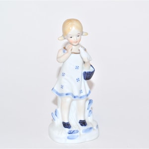 Vintage Blue And White Girl With Bird Porcelain Figurine Made In Korea