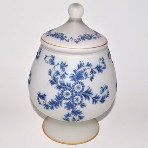 Vintage Norleans White Satin Hand Painted Apothecary Jar with Lid ~ Blue Flowers with Gold Trim ~ Made in Italy ~ 8 1/2"