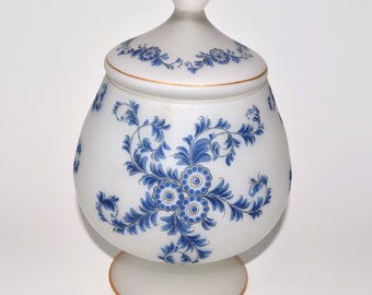 Vintage Norleans White Satin Hand Painted Apothecary Jar with Lid ~ Blue Flowers with Gold Trim ~ Made in Italy ~ 8 1/2&quot;