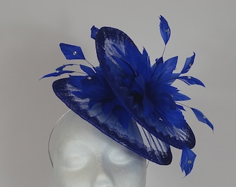 Elegant Cobalt Blue Disc Fascinator Hatinator with Feathers & Diamanté for Race Day, Ladies Day, Weddings, Special Occasion, Christening.