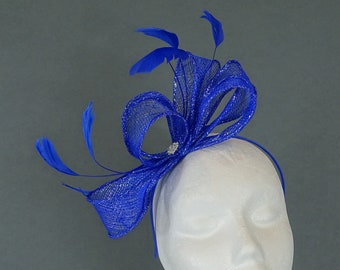 Cobalt Blue Fascinator, Formal Headpiece, Ladies Day, Silver Thread Sinamay Fascinator, Cobalt Blue, Special Occasion, Wedding Headband