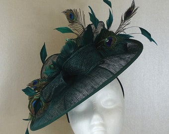 Emerald Green Race Day Headpiece, Wedding Hat, Emerald Hatinator, Ladies Day, Disc Fascinator, Peacock Fascinator, Formal Function Headpiece