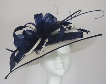 White & Navy Blue Wedding Hat, Derby Day, Ladies Day, Sinamay Hat, Mother of the Bride, Formal Event, Womens Feather Hat, Hat for Races