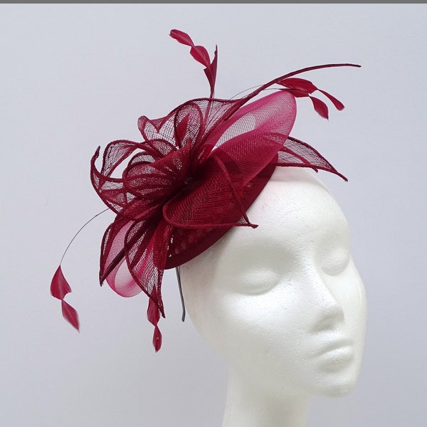 Burgundy Mini Feather Disc Fascinator Hatinator Headband Wedding Guest Formal Event Ladies Day Kentucky Derby