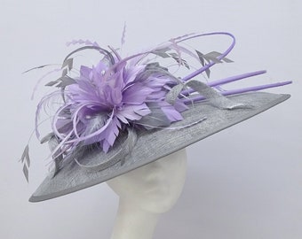 Metallic Silver & Lilac Feather Hat Disc Fascinator for Ladies Day Royal Ascot Derby Day Formal Event