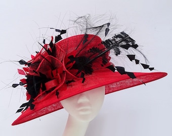 Red & Black Sinamay Feather Hat Wedding Mother of the Bride Royal Ascot Ladies Day Kentucky Derby Formal Event