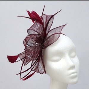 Special Occasion Feather Fascinator Headpiece in Burgundy & Silver for Weddings, Ladies Day, Race Day, Formal Event