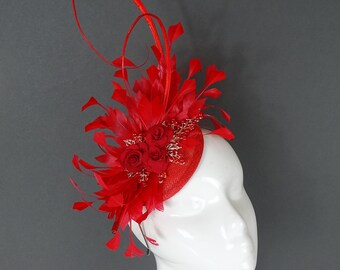 Unique Small Red Disc Headband Fascinator with Rose Flowers for Formal Event, Wedding, Race Day, Royal Ascot, Ladies Day, Special Occasion