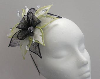 Citrus Lime & Black Sinamay Fascinator Headband or Comb for Wedding Guest Race Day Special Occasion