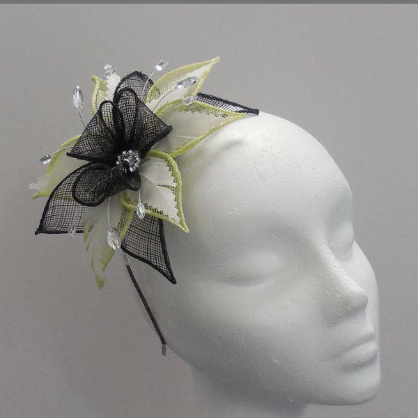 Citrus Lime & Black Sinamay Fascinator Headband or Comb for Wedding Guest Race Day Special Occasion