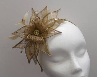 Wedding fascinator, elegant gold sinamay fascinator, golden feathers and diamanté, headband fascinator, special occasion, golden headpiece