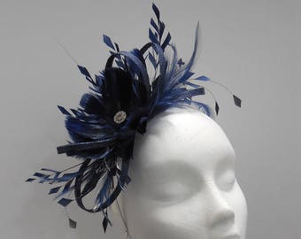 Large Navy Blue & Teal Turquoise Blue Feather Fascinator Hat  display picture 2
