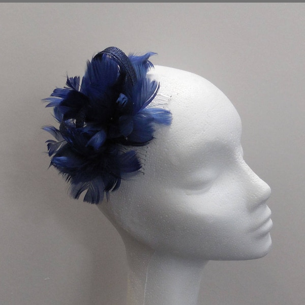 Navy hair clip, wedding fascinator, bridesmaid headpiece, navy blue hair comb, headband fascinator, special occasion, floral feather, small