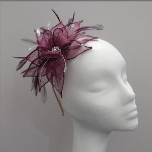 Burgundy headpiece, red wine claret sinamay fascinator, bridesmaid, wedding headband, made to order, formal event, feather, diamanté