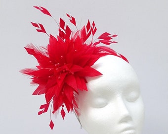 Red Full Feather Fascinator Unique Headpiece for Weddings, Race Days or Formal Events.