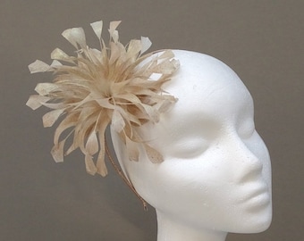 Champagne gold feather flower design fascinator for wedding guest, race day, ladies day, formal event.