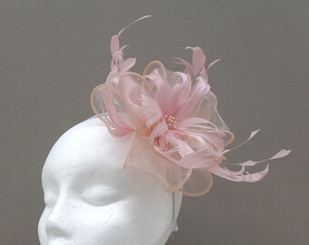 Flower effect blush pink fascinator headpiece with feathers for weddings, race days or special occasions.