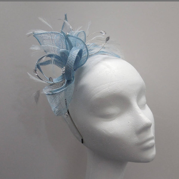 Small fascinator, pale blue headpiece, silver diamanté, wedding headpiece, headband fascinator, feather, special occasion, races fascinator