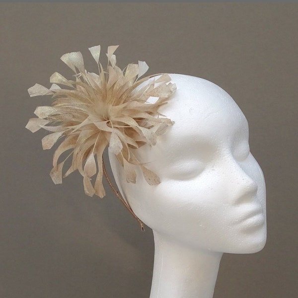 Champagne gold feather flower design fascinator for wedding guest, race day, ladies day, formal event.