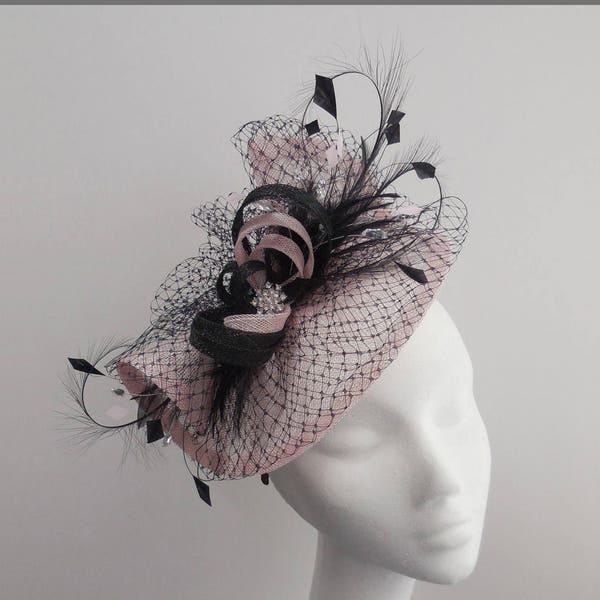 Wedding Hatinator, pale pink and black sinamay disc, headband fascinator, Mother of the Bride, fascinator with netting, formal event